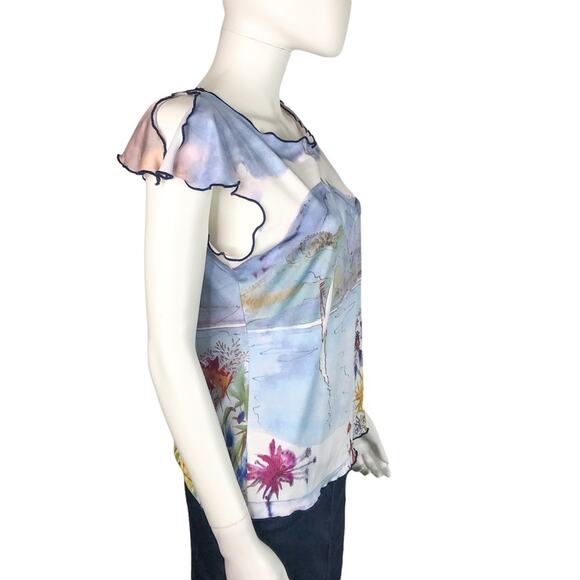 Fantazia Blue & Pink Blouse Watercolor Landscape w/ Blue Rhinestones Top - Picture 4 of 7